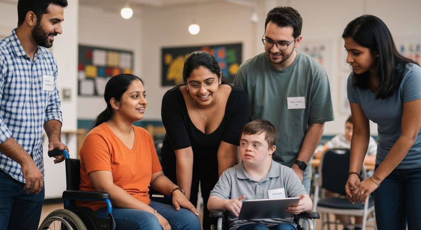 A child with disability surrounded by adults.